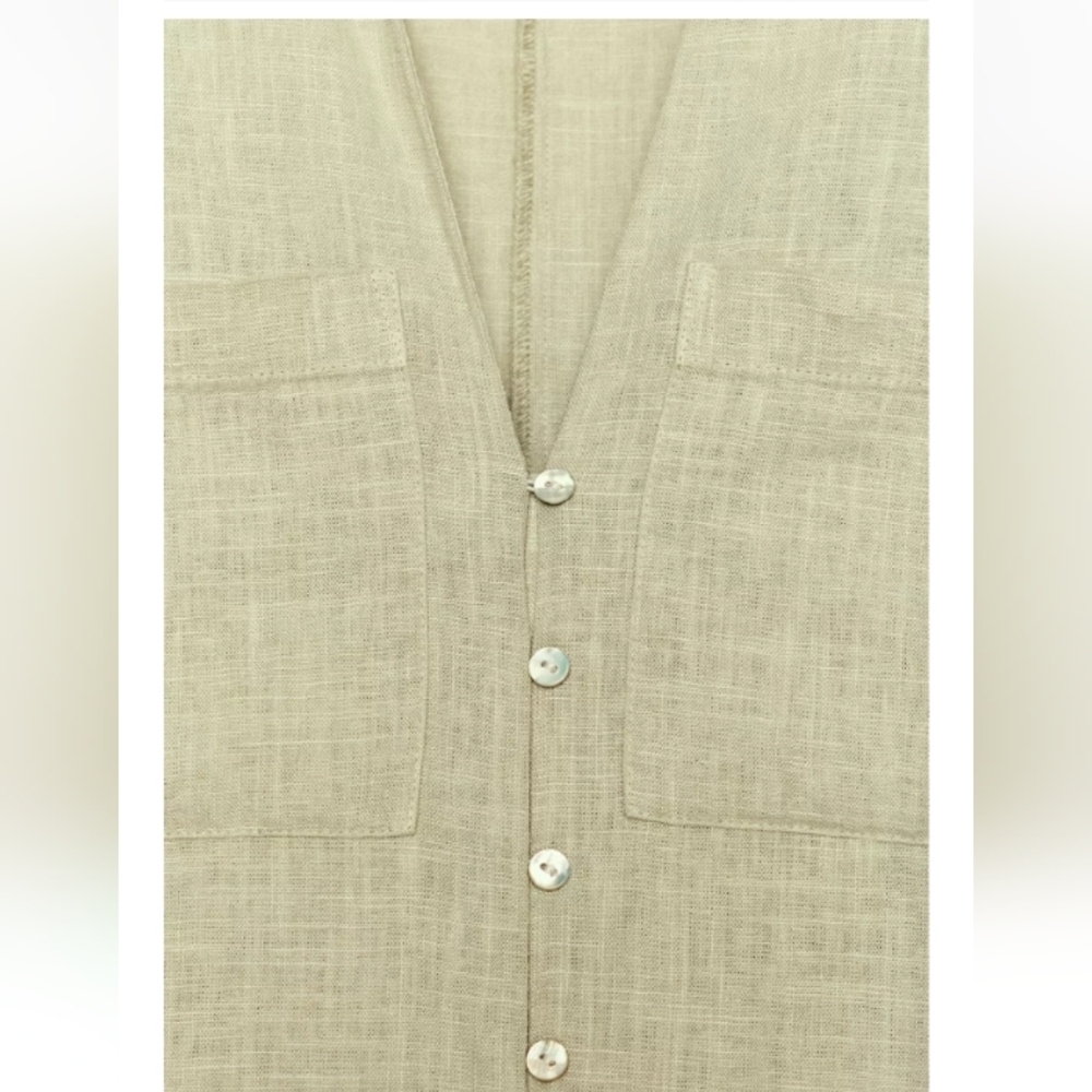 Zara Linen Light Khaki Long Tunic Shirt Dress Sz-L - Picture 8 of 11